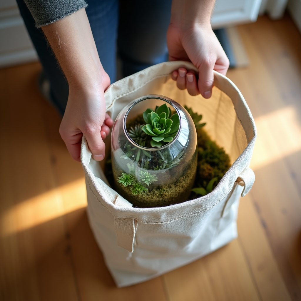 Terrario in vetro dentro una borsa di tela pronto per essere trasportato a casa